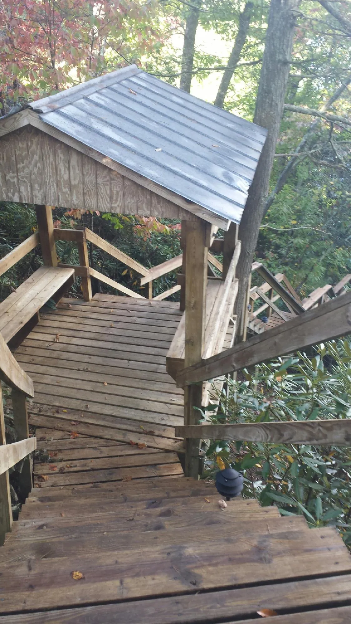 Metal roofed shelter over wooden steps on a wooded walkway — Skylight Repair & Installation work by our crew in Mojave